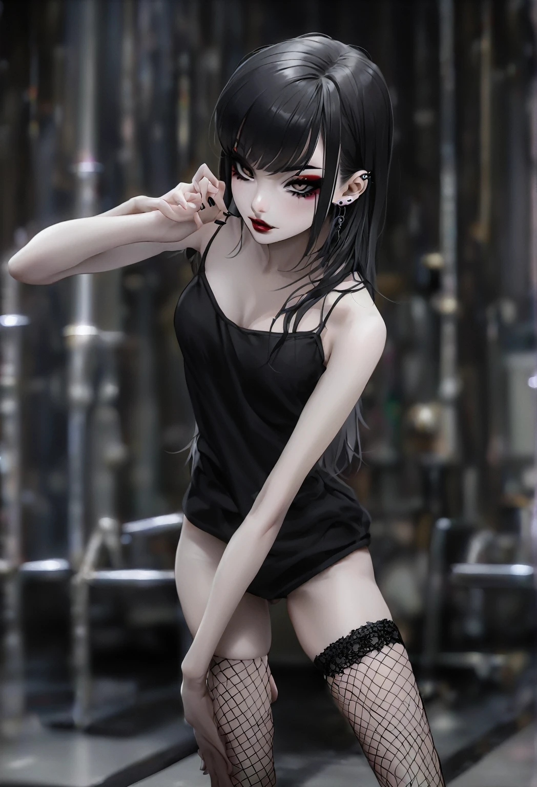 Girl with modern gothic makeup, fair skin, long legs, black eyeshadow, camisole, sexy figure, earrings and lip studs, fishnet stockings, posing in an attractive pose, lovable expression