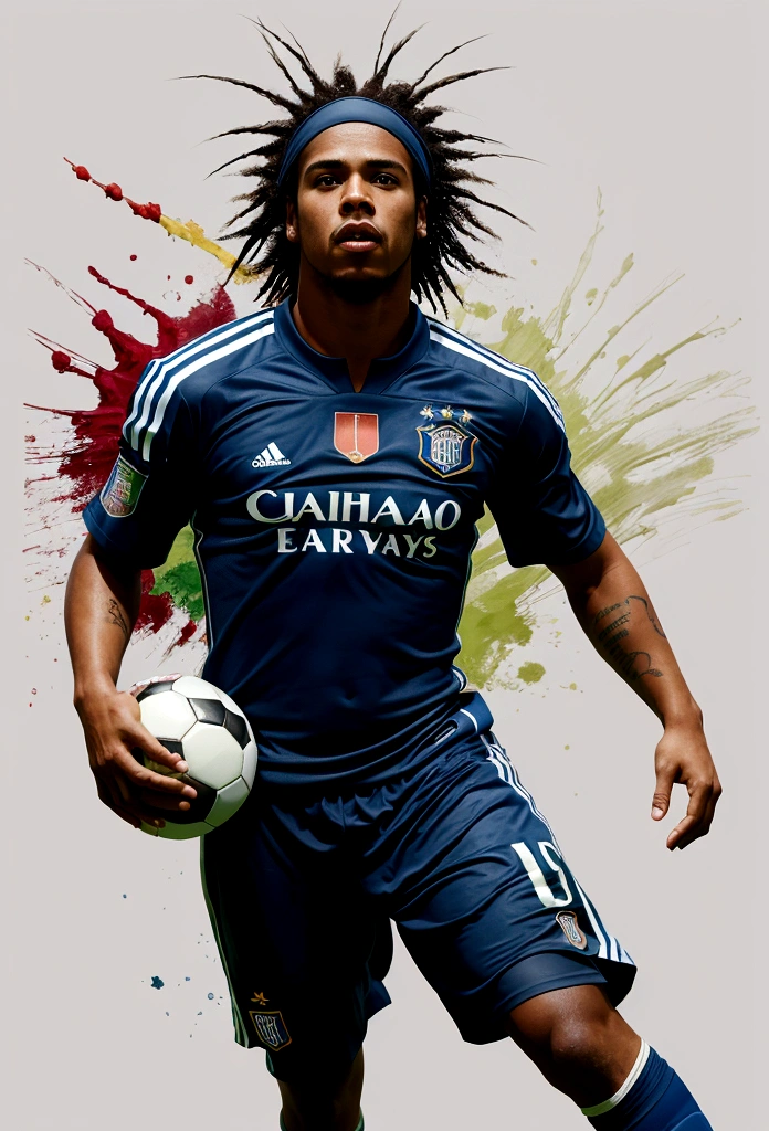 football player  ronaldinho gaucho in full growth, Playing football, beautiful dynamic, non-style painting by Ryan Hewett, football player, flegs, Head, full height, Wonderful figure