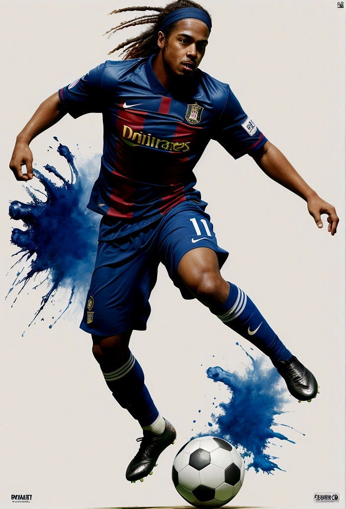football player ronaldinho gaucho in full growth, Playing football, beautiful dynamic, non-style painting by Ryan Hewett, football player, flegs, Head, full height, Wonderful figure