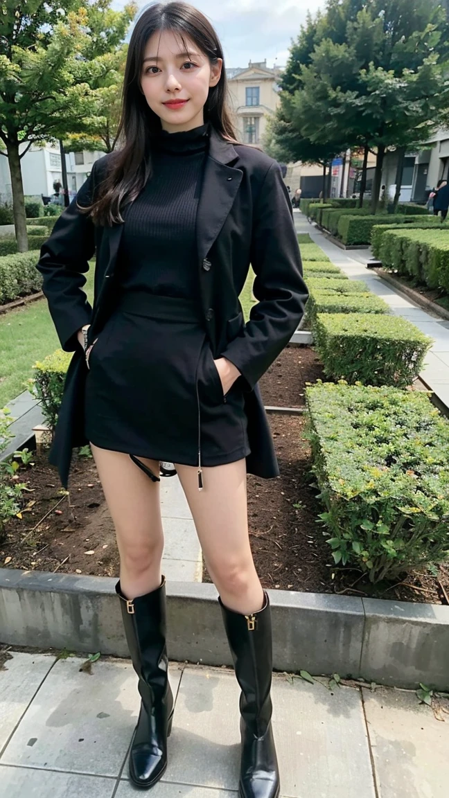 (8K、RAW Photos、Highest quality、masterpiece:1.2)、(Realistic、Realistic)、1 Girl、((Black coat、one piece、Black mini skirt、boots、Big Breasts、whole body、garden、View from the front、Looking into the camera、Stand with one hand on your hip))、