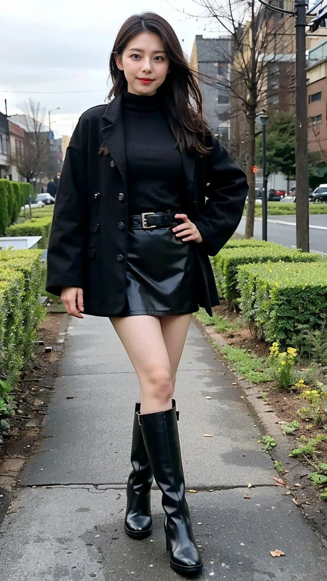 (8K、RAW Photos、Highest quality、masterpiece:1.2)、(Realistic、Realistic)、1 Girl、((Black coat、one piece、Black mini skirt、boots、、whole body、garden、View from the front、Looking into the camera、Stand with one hand on your hip))、