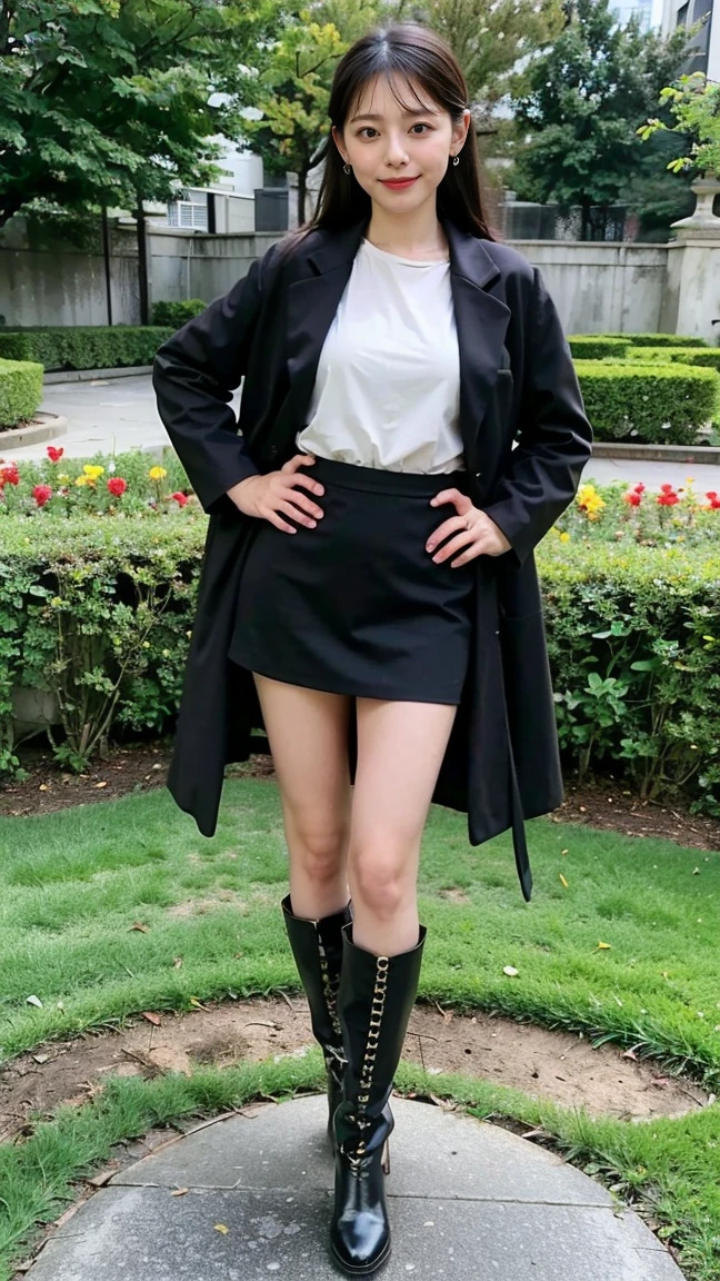 (8K、RAW Photos、Highest quality、masterpiece:1.2)、(Realistic、Realistic)、1 Girl、((Black coat、one piece、Black 、boots、Big Breasts、whole body、garden、View from the front、Looking into the camera、Stand with one hand on your hip))、