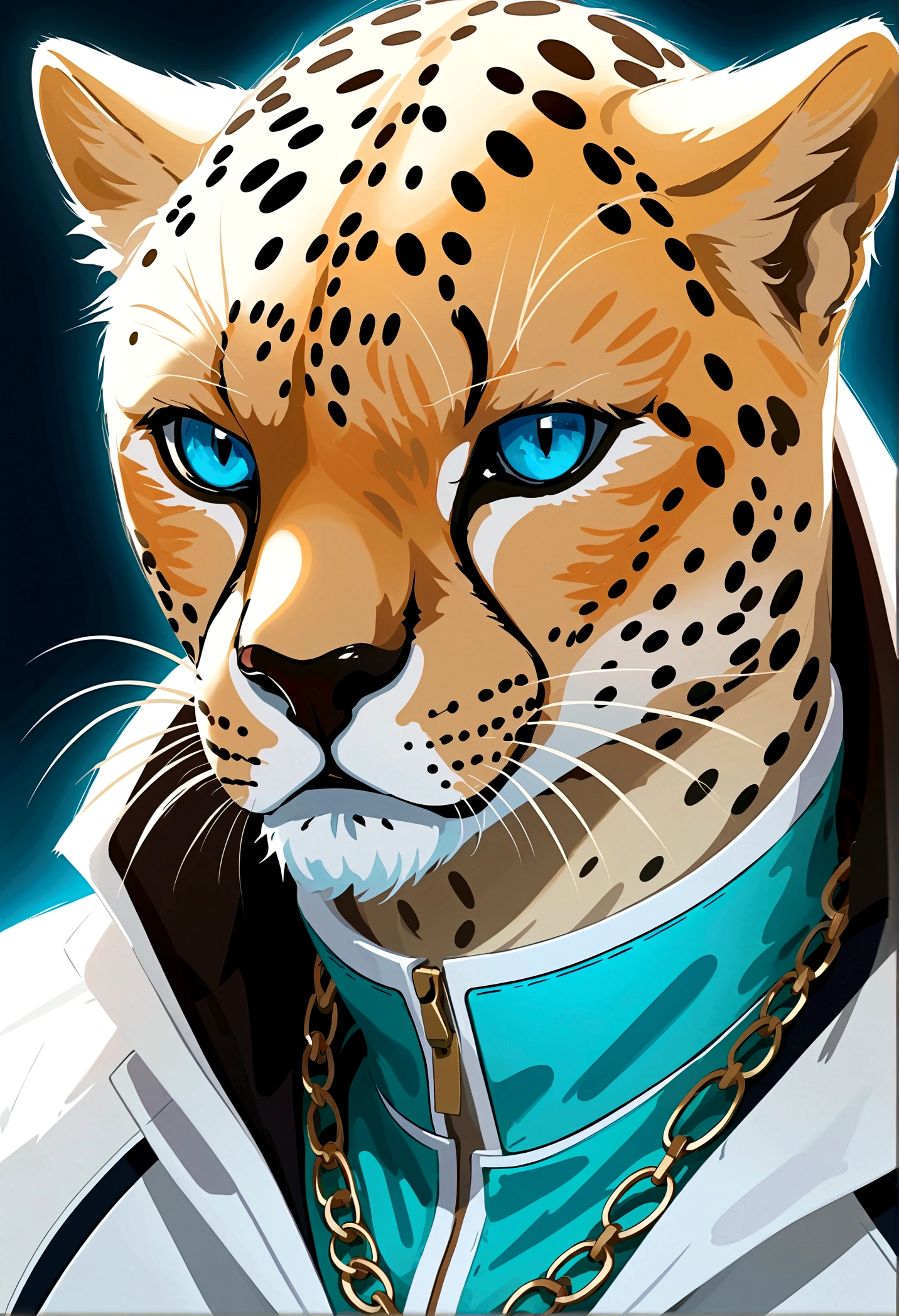 Close-up:A cheetah man in a white jacket, 4D anime style, Blue eyes tall anime face, !