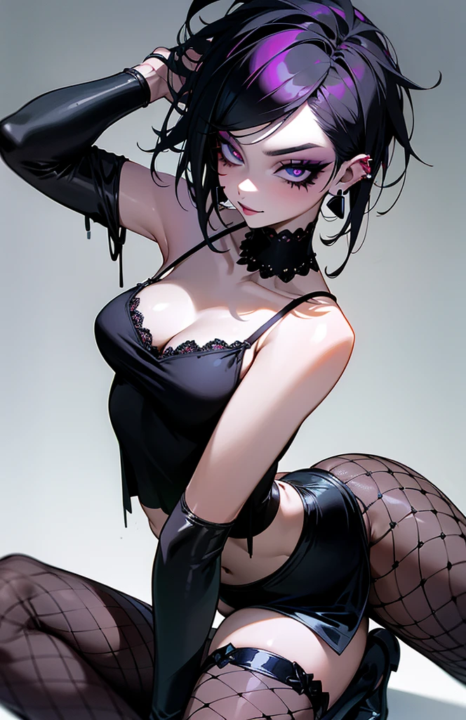 Girl with modern gothic makeup, fair skin, long legs, black eyeshadow, camisole, sexy figure, earrings and lip studs, fishnet stockings, posing in an attractive pose, lovable expression