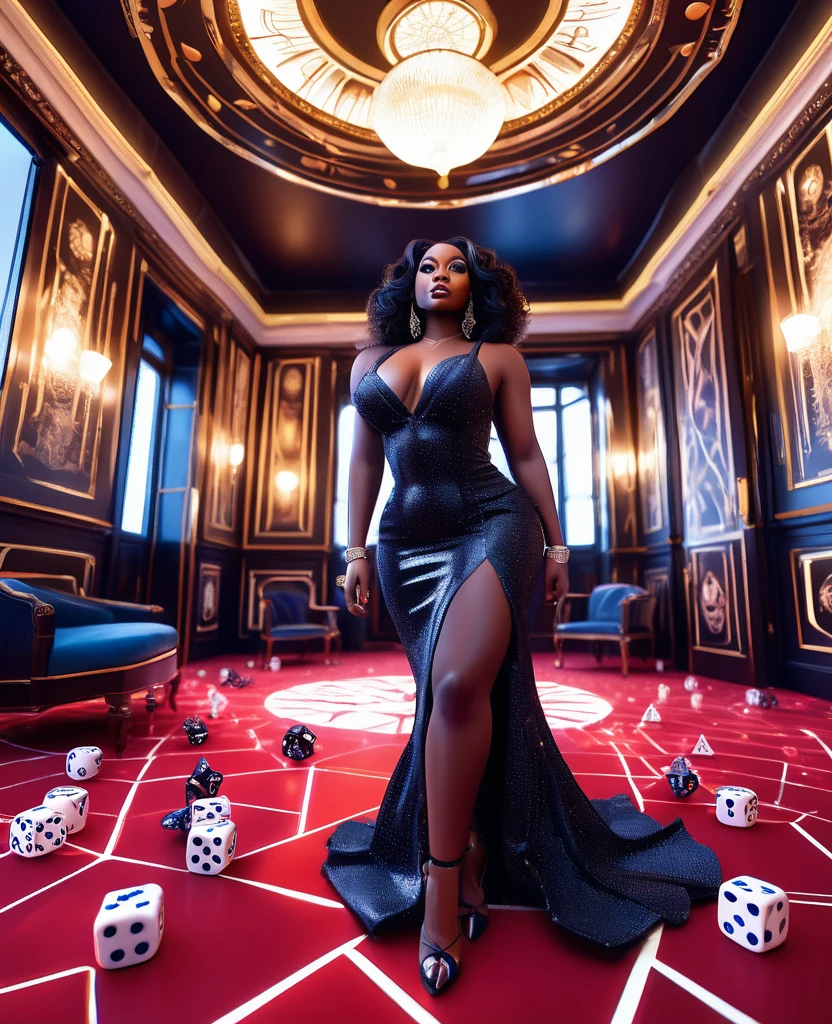 fish eye lens view from a low angle shot of a curvy Black woman in a beautiful dress standing in a dice designed room, with rolling dice designs on the walls, floor and ceilings, 32k ultra HD, hyper-realistic image, unreal engine rendered 