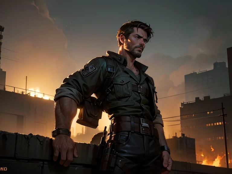 a man, 35 years old, brown hair, blue eyes, 6'1" height, rugged, muscular, standing on a rooftop, city in ruins behind him, smoke and fire emitting from the buildings, (best quality,4k,8k,highres,masterpiece:1.2),ultra-detailed,(realistic,photorealistic,photo-realistic:1.37),hyperrealistic, dramatic lighting, cinematic, moody atmosphere, dystopian, apocalyptic. Close up of face