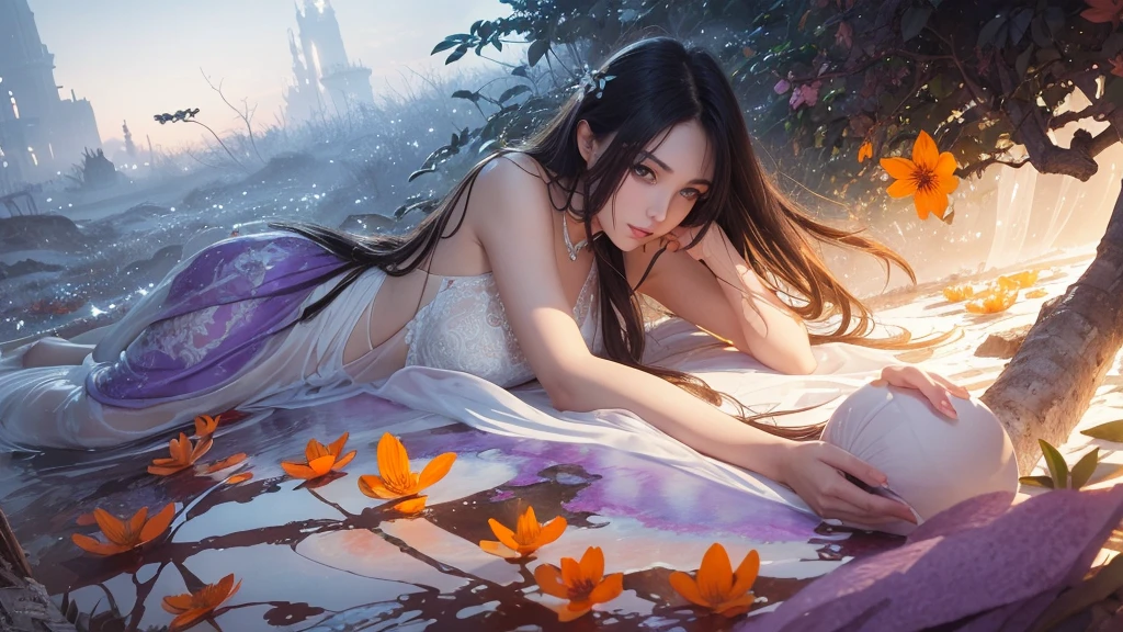 32k, Masterpiece, Highest quality, One girl, Detailed eyes, flower,Alstroemeria, White and orange style,A dreamy, romantic piece,Pale purple, Mysterious Leaves,A playful arrangement,Fantasy,High Contrast,Ink strokes,explosion,Exposure, Impression of white and orange tones,Abstract,((Watercolours by John Berkey and Jeremy Mann )) Brush strokes,Negative Space, Tyndall effect,