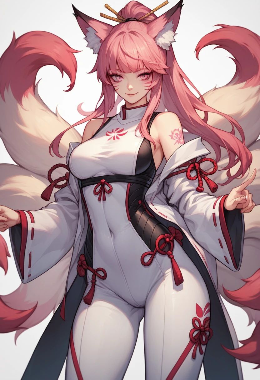 kimiko, , multi tail, multiple tails, fox girl
white body, fur, pink and red hair, pink eyes
 mark,  tattoo, eye scar, tied hair, ponytail, by fumiko, by hyattlen