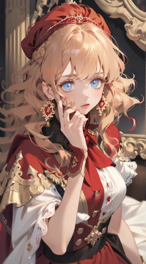 one-girl，vivid eyes，golden hair，Wavy curly hair，Red pop dress，conservativelydressed，Red earrings，beautiful hair ornaments，𝓡𝓸𝓶𝓪𝓷𝓽𝓲𝓬，ellegance，young，Pop，Hyper-Resolution，accuracy，detail render，（Delicate facial portrayal）（Fine hair portrayal）（highest  quality）（Master masterpieces）（High degree of completion）（a sense of atmosphere）tmasterpiece，ultra - detailed（half-body portrait）