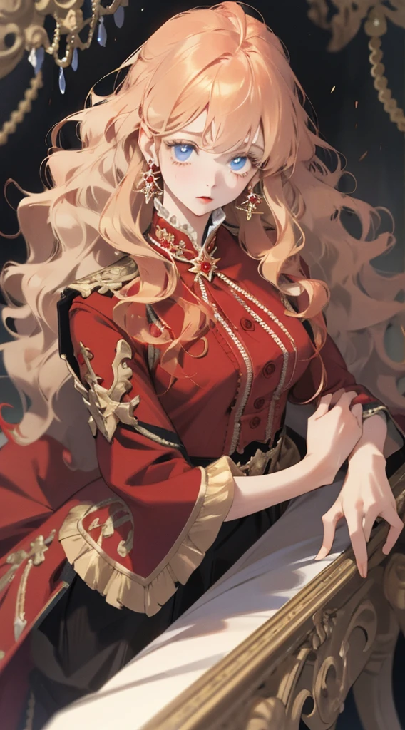 one-girl，vivid eyes，golden hair，Wavy curly hair，Red pop dress，conservativelydressed，Red earrings，beautiful hair ornaments，𝓡𝓸𝓶𝓪𝓷𝓽𝓲𝓬，ellegance，young，Pop，Hyper-Resolution，accuracy，detail render，（Delicate facial portrayal）（Fine hair portrayal）（highest  quality）（Master masterpieces）（High degree of completion）（a sense of atmosphere）tmasterpiece，ultra - detailed（half-body portrait）