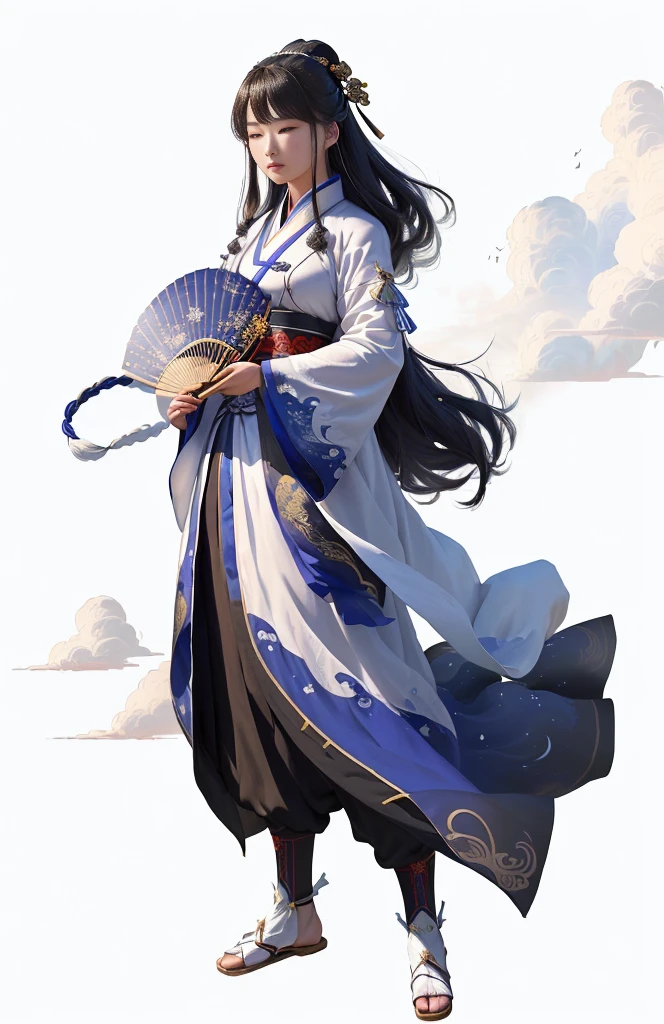 a close up of a person in a costume holding a fan, inspired by Hu Zaobin, lunar themed attire, full body wuxia, inspired by Cao Zhibai, inspired by Wu Daozi, cloud mage robes, cotton cloud mage robes, masamune shiro, inspired by Li Kan, hyperdetailed fantasy character, inspired by Li Mei-shu