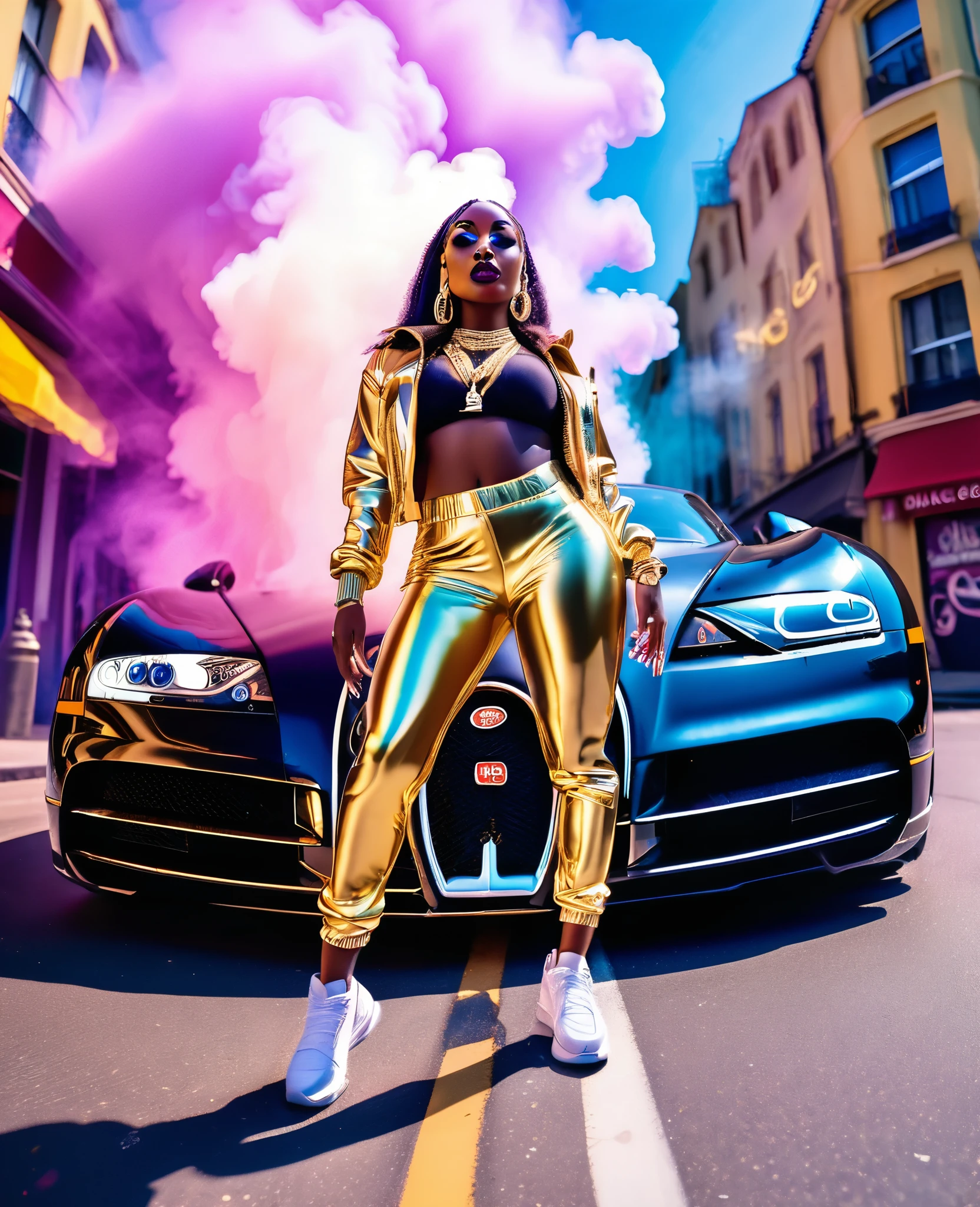 low angle shot through a fish eye lens of a black woman dressed in hiphop inspired clothes and sneakers, gold necklace and earrings, beautiful make up, standing in the middle of the street with a bugatti in the background drifting and creating smoke, beautiful and vibrant colours shining with iridescent light, music video inspired visuals.