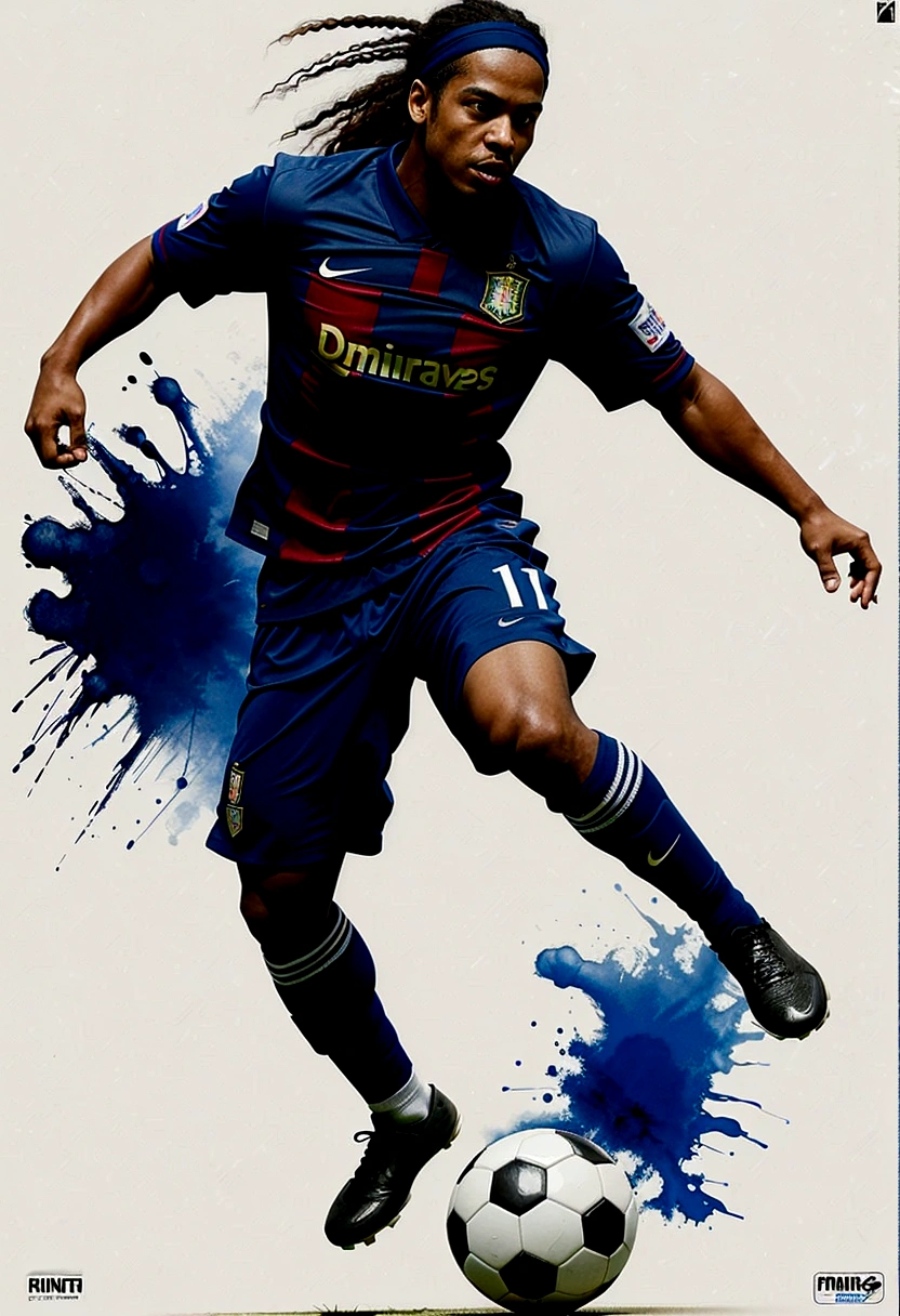 football player  ronaldinho gaucho  brasil in full growth, Playing football, beautiful dynamic, non-style painting by Ryan Hewett, football player, flegs, Head, full height, Wonderful figure