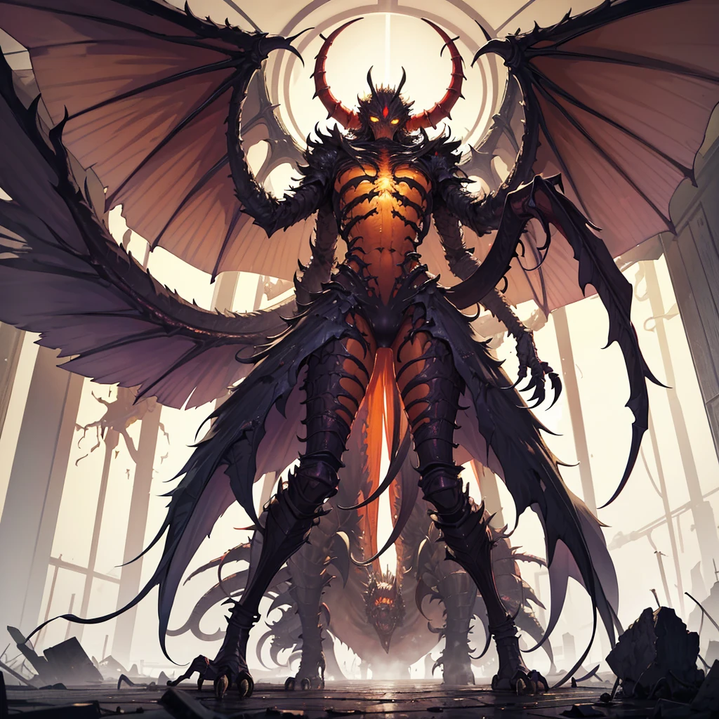 (masterpiece art, high best quality image, very detailed features) 
Horror scene, apocaliptic ambience
1monster, non human features, ugly and disturbing, wasp abomination, 5 meters height, red exo-skeleton, big long wasp monster head, four horns, two yellow eyes with scarlet triangled pupils, closed long big mouth full of sharp lined yellow teeth, yellow mouth pincers, very long arms, hands with long fingers and thumbs ended in sharp pink claws, two short arms in the chest, long sharped legs, big feet, toes with claws, long and fat wasp tail with long sharp sabre sting, huge purple bat wings on the back, pink tentacles from the wings,
Its standing dominant and calm on a destroyed city park, located in Ottawa Canada, raining day