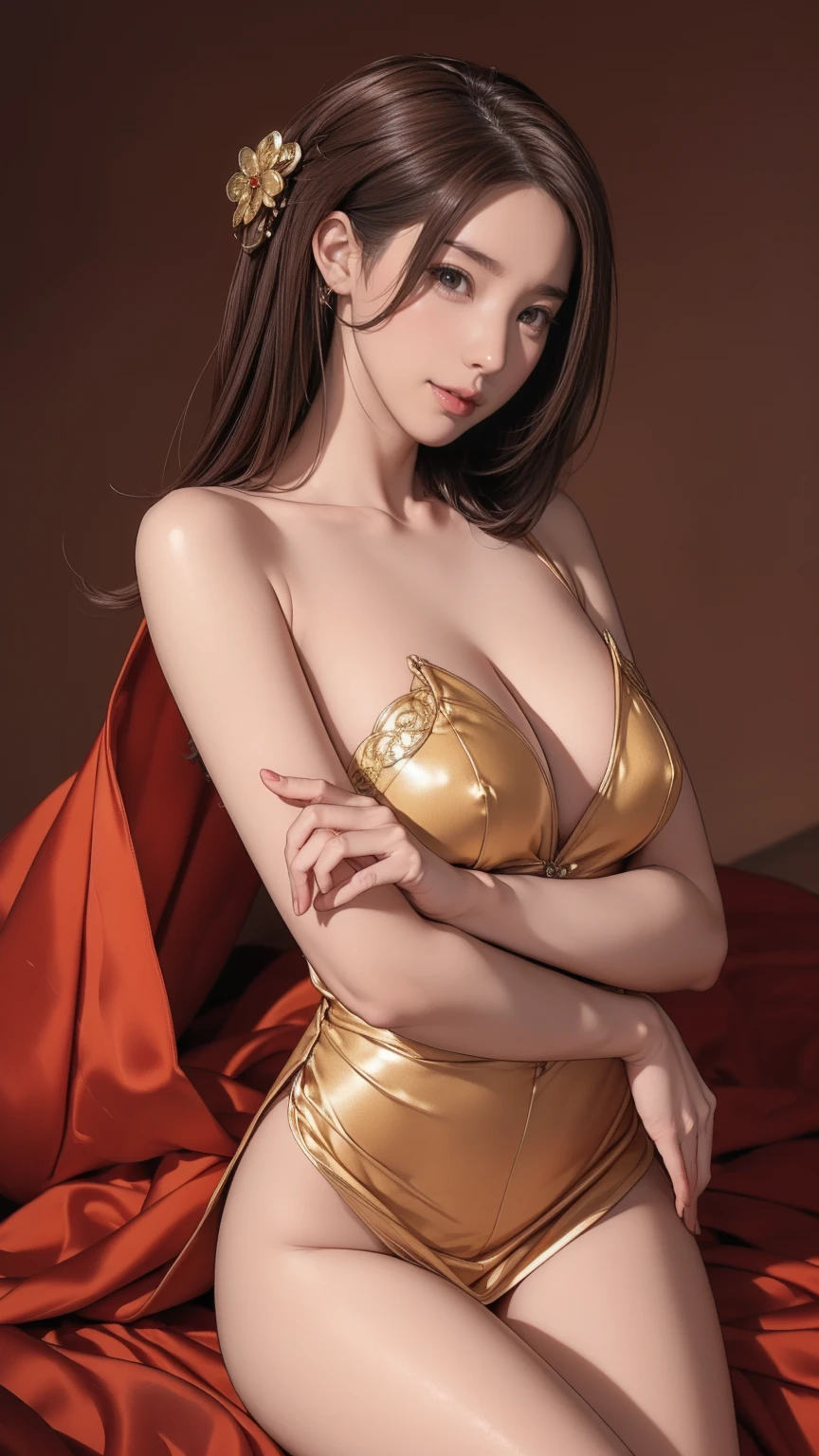 ((masterpiece)),(((Highest quality))),((Character design sheet)),Thin thighs,Long legs,  (Very beautiful face, Beautiful Lips, Beautiful Eyes), Exquisitely detailed face, ((Highly detailed skin)) In the Dark, Deep Shadow, Cute Japanese Girl, Flashy makeup using red eyeshadow，Delicate light brown hair、It's a bit messy with side waves..，Wearing large ring earrings，,(Big smile:1.3),  Beautiful earrings, bracelet, necklace, (Pale skin),  ((Full Body Shot)), ((Super  silk dress:1.3)),(Brown Hair), (View your viewers:1.3) Open , Medium , 