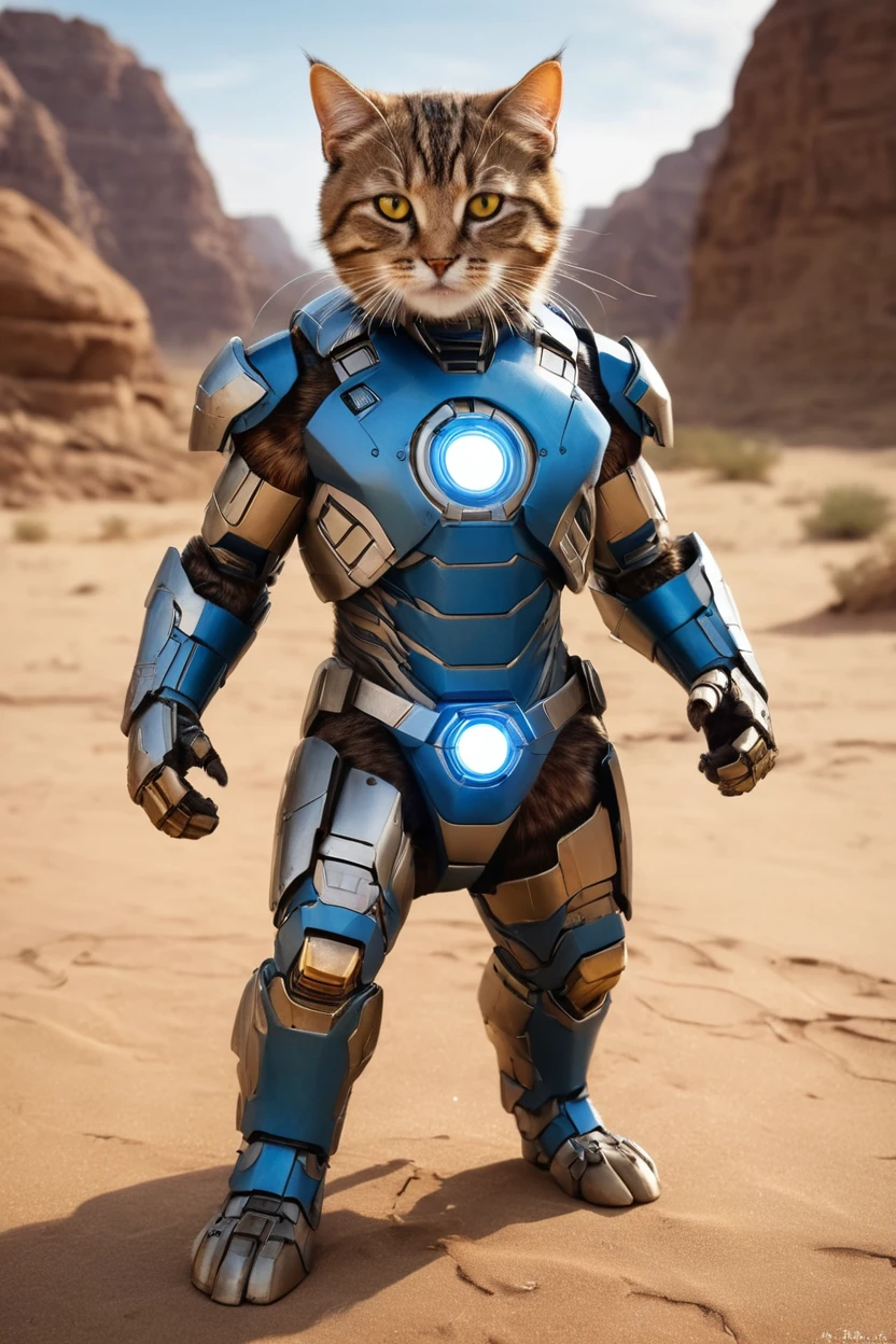 small, There are no humans in this world、The world of anthropomorphized cats、Iron Man Mark1Wearing a suit、Iron Man Mark1、prototype、The arc reactor emits blue light、desert、かわいいbornき物全身, Costumes,、 Fantasy art, Exquisite detail, An anthropomorphic, fat, furry tabby kitten with yellow eyes, Movie Scenes, Dramatic shot angles, , Realistic, born々Amazing cinematic photorealism, Action Portrait, 8K, detailed, Full Frame