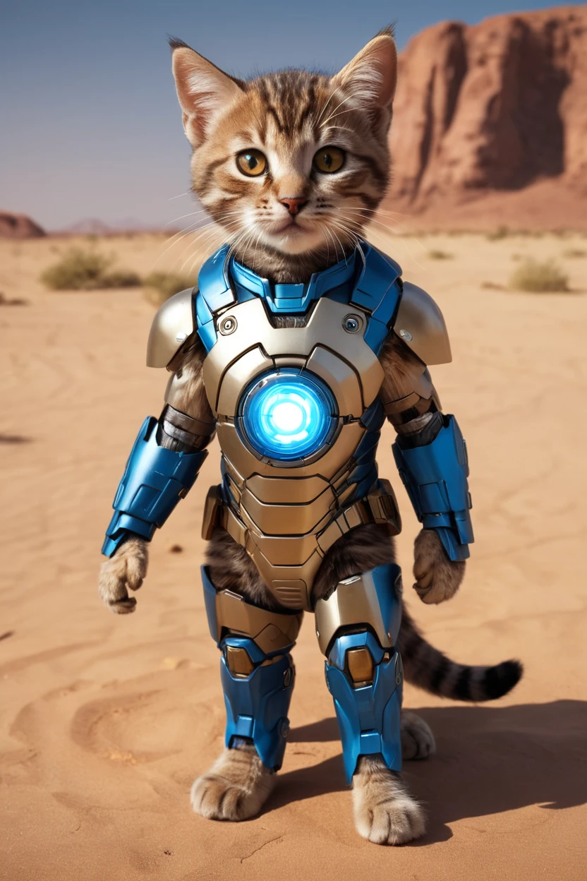 small, There are no humans in this world、The world of anthropomorphized cats、Iron Man Mark１Wearing a suit、Iron Man Mark1、prototype、The arc reactor emits blue light、desert、かわいいbornき物全身, Costumes,、 Fantasy art, Exquisite detail, An anthropomorphic, fat, furry tabby kitten with yellow eyes, Movie Scenes, Dramatic shot angles, , Realistic, born々Amazing cinematic photorealism, Action Portrait, 8K, detailed, Full Frame