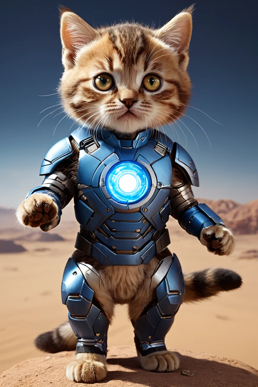 small, There are no humans in this world、The world of anthropomorphized cats、Iron Man Mark１Wearing a suit、Iron Man Mark1、prototype、The arc reactor emits blue light、desert、かわいいbornき物全身, Costumes,、 Fantasy art, Exquisite detail, An anthropomorphic, fat, furry tabby kitten with yellow eyes, Movie Scenes, Dramatic shot angles, , Realistic, born々Amazing cinematic photorealism, Action Portrait, 8K, detailed, Full Frame
