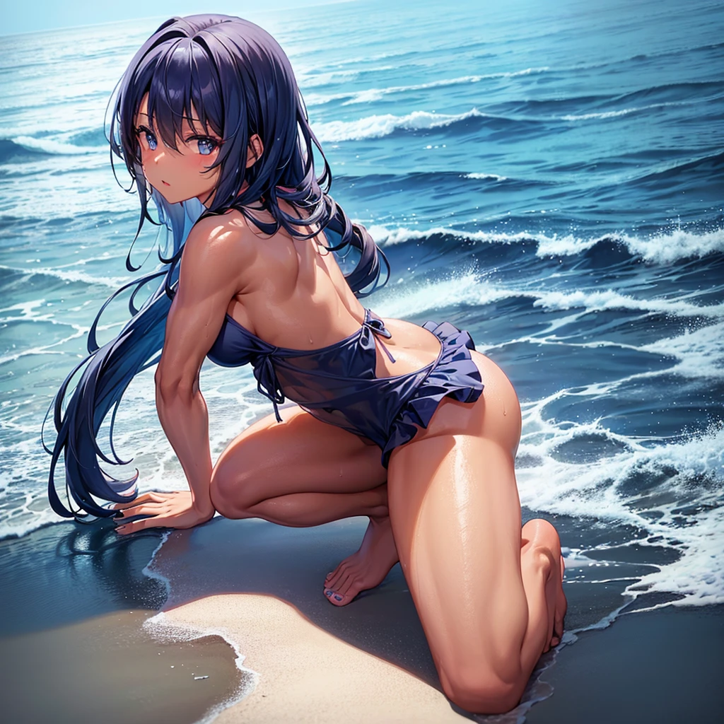 1_girl, solo, av idol, 32-years-old dark tan skin with long blue hair and eyes Wearing a Strapless Swimsuits, beach pier background, kneeling