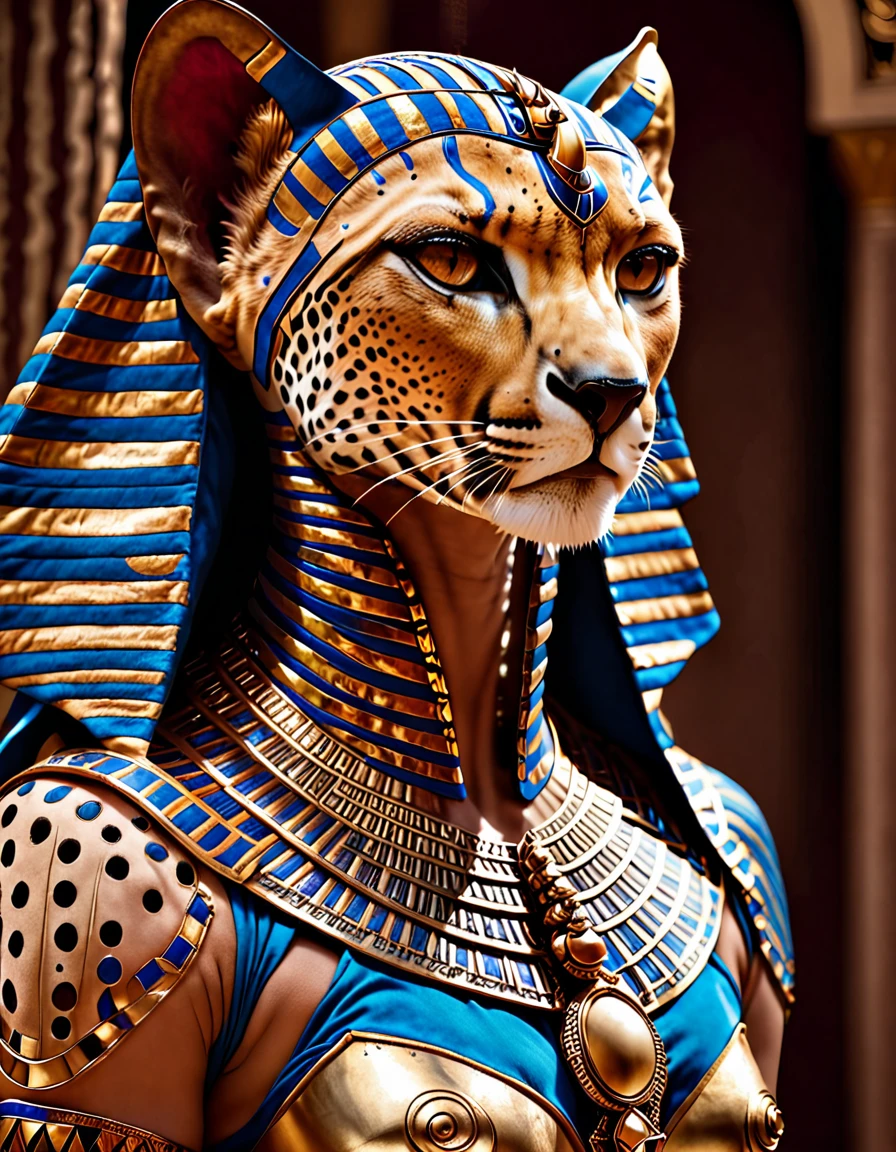 general shot whole body, ((pay attention, a pharaoh cheetah dressed as a pharaoh, human mitas:1.5)), 2 chitas abanicando al chita faraon:1.4, Elegance, gold ornaments, opulence, silk curtains letting sunlight filter in, and moving by the gentle desert wind , (Best Quality,4k,8k,high resolution,Masterpiece:1.2),ultra detailed,sharp focus,(realist,photorealist,photo-realist:1.37),Very detailed face,extremely detailed facial features,hyper realist skin texture,extremely fine details,intricate details,detailed eyes,Detailed nose,detailed lips,detailed facial expressions,intricate facial anatomy,intense lighting,dramatic lighting,changing lighting,cinematic lighting,chiaroscuro lighting,dramatic shadows,dramatic moments,vivid colors,intense colours,Deep contrast,cinematic depth of field,cinematographic composition,cinematic camera angle