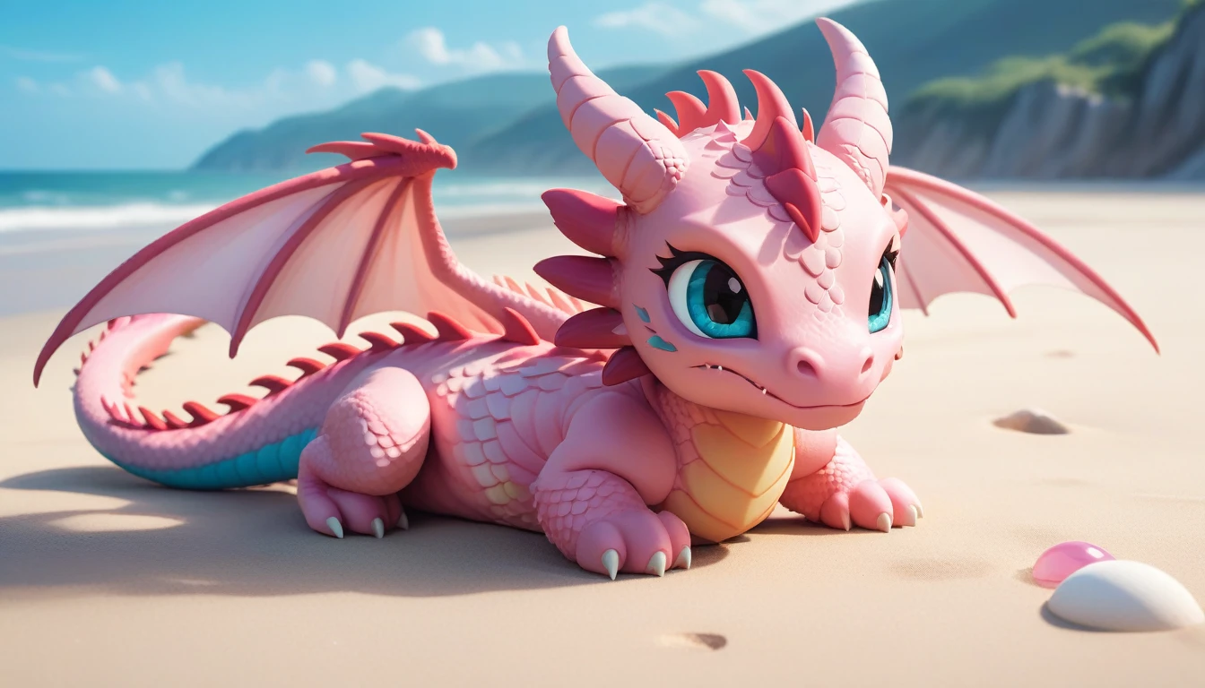 masterpiece,high quality,monster,solo,dragon ,(chibi:1.2),(pink body:1.2),pink dragon,horns,wings,lying on the ground,injured,unhappy,looking forward,looking sideways,head focus,poor,seaside,beach,blue sky,landscape,(non-human:1.2),lying,frustrated_brow,annoyed,frustrated,on stomach,bright-colored