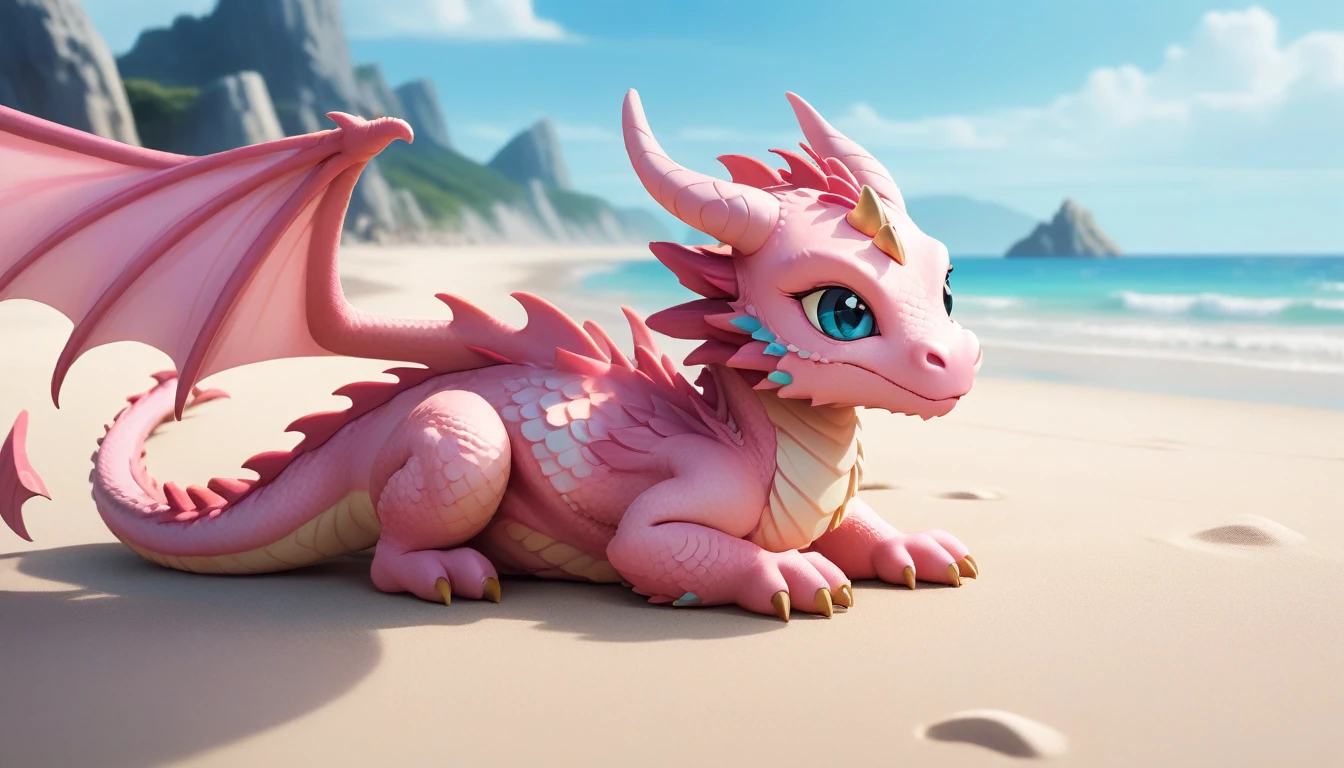 masterpiece,high quality,monster,solo,dragon ,(chibi:1.2),(pink body:1.2),pink dragon,horns,wings,lying on the ground,injured,unhappy,looking forward,looking sideways,head focus,poor,seaside,beach,blue sky,landscape,(non-human:1.2),lying,frustrated_brow,annoyed,frustrated,on stomach,bright-colored