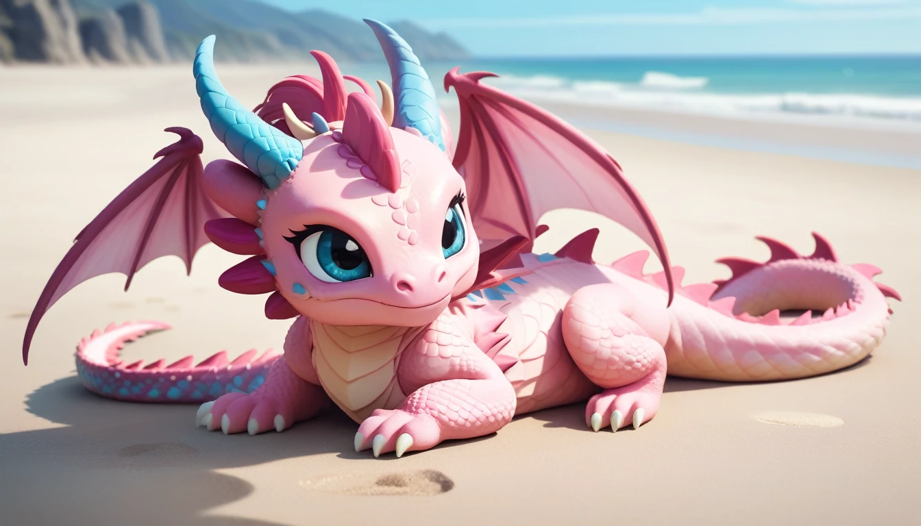 masterpiece,high quality,monster,solo,dragon ,(chibi:1.2),(pink body:1.2),pink dragon,horns,wings,lying on the ground,injured,unhappy,looking forward,looking sideways,head focus,poor,seaside,beach,blue sky,landscape,(non-human:1.2),lying,frustrated_brow,annoyed,frustrated,on stomach,bright-colored