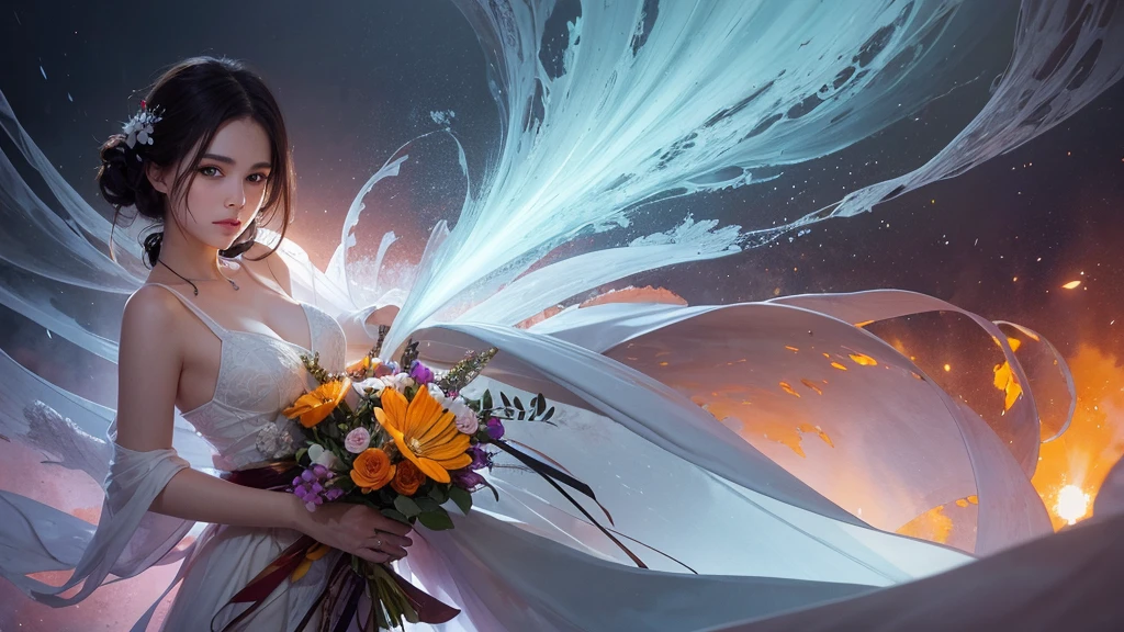 32k, Masterpiece, Highest quality, One girl, Detailed eyes, flower,Alstroemeria, White and orange style,A dreamy, romantic piece,Pale purple, Mysterious Leaves,A playful arrangement,Fantasy,High Contrast,Ink strokes,explosion,Exposure, Impression of white and orange tones,Abstract,((Watercolours by John Berkey and Jeremy Mann )) Brush strokes,Negative Space, Tyndall effect,
