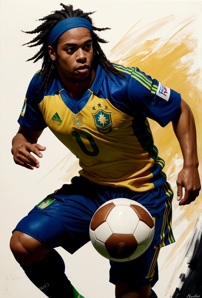 football player ronaldinho gaucho brasil in full growth, Playing football, beautiful dynamic, non-style painting by Ryan Hewett, football player, flegs, Head, full height, Wonderful figure