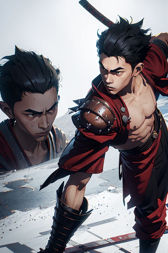 spiked man, 16 years old, young and slim man, samurai hair
