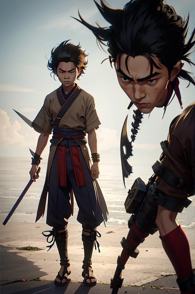 spiked man, 16 years old, young and slim man, samurai hair
