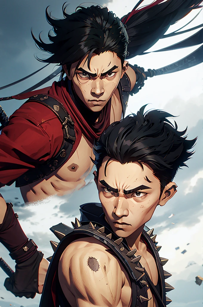 spiked man, 16 years old, young and slim man, samurai hair