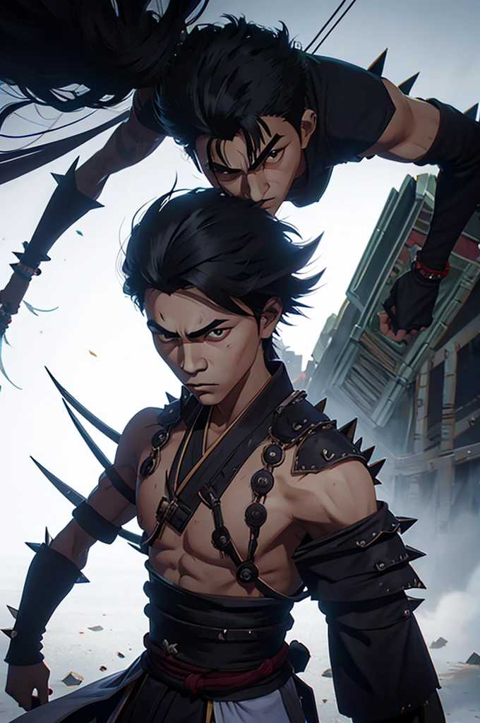 spiked man, 16 years old, young and slim man, samurai hair