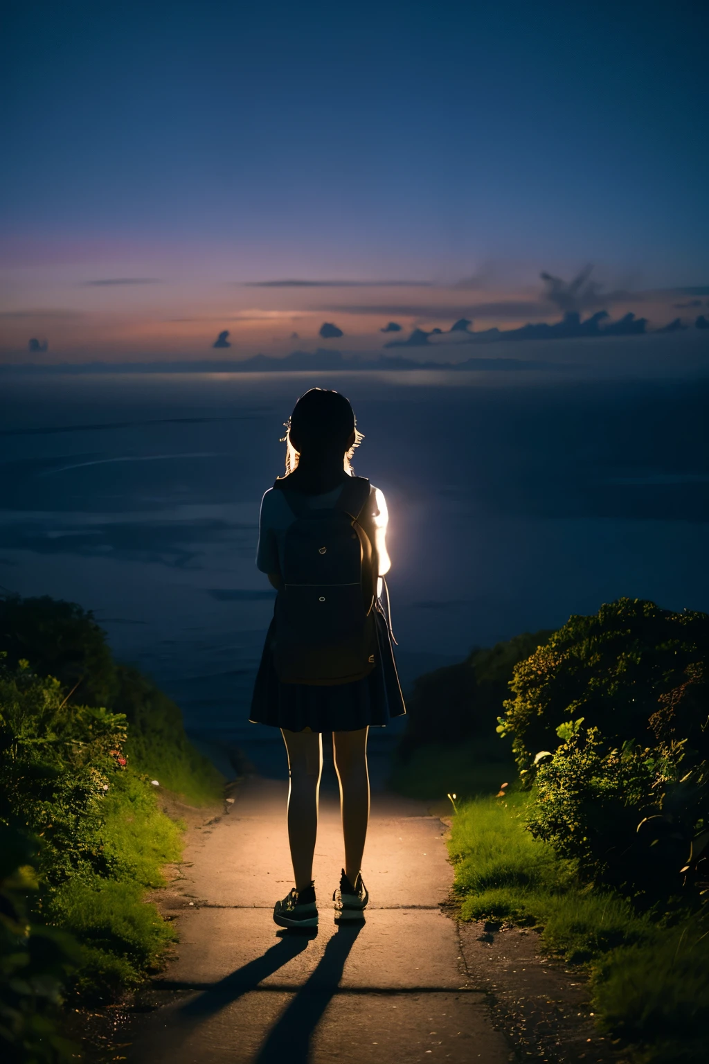 Night view of a quiet southern island, a young Japanese woman standing