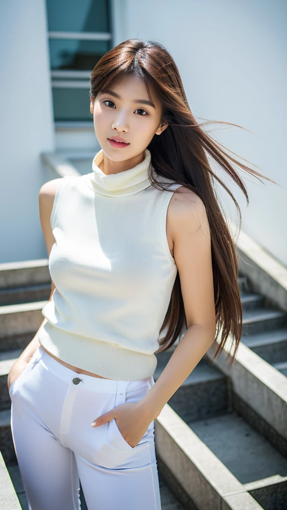 (detailed face),(crotch),normal breasts,pretty,sleeveless and turtle neck white clothes,stairs,4k ,super high resolution ,(photo-realistic: 1.7),white background,long hair,