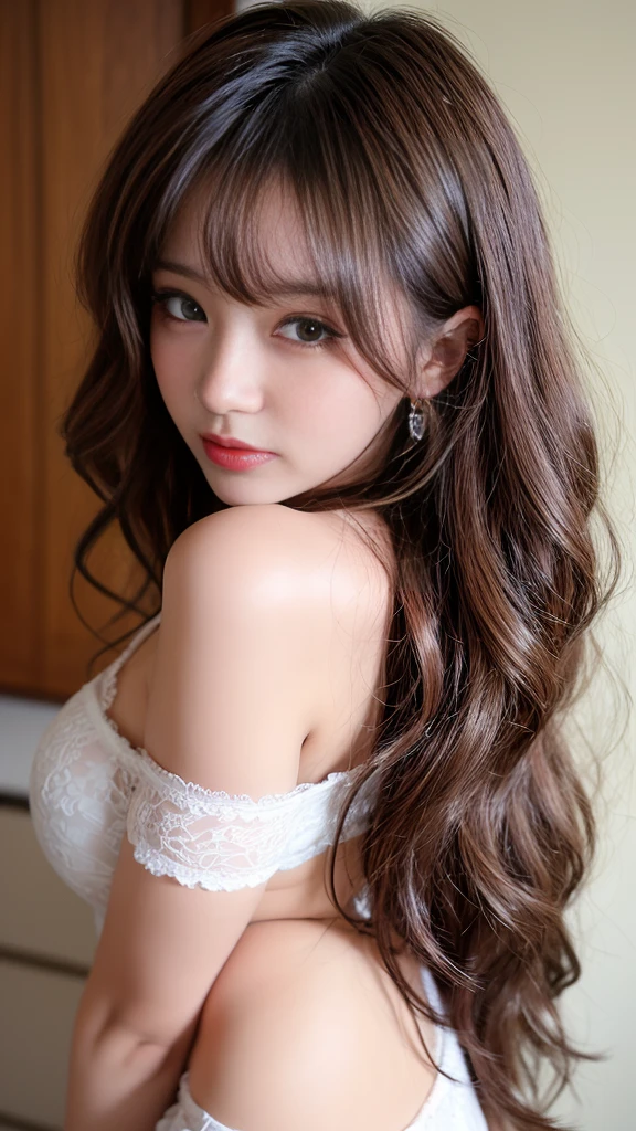 Canon RF85mmf/1.2,masterpiece,Highest quality,Ultra-high resolution,VC,1 Girl,(Korean mixed race,K-Pop Idols:1.2),alone,white_Shiny_skin,Iris,necklace,((brown_length_Wavy_hair)),((pink_Shiny_lips)),eyelash,前hair,make,compensate,Shiny,pore,skin texture,bracelet,Off the shoulder,See-through,Big Breasts, in front「Ayesha」It is written