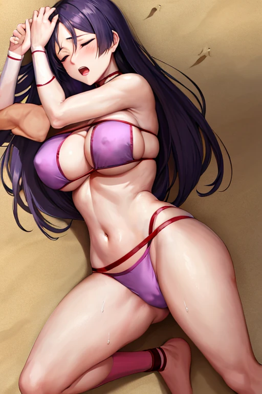 masterpiece, best quality, beautiful art, high resolution, well formed hands, body and fingers, 1 woman, solo, Minamoto no raikou adult, big breasted, cleavage, hair ornament, wearing a Tyris Flare outfit, full body, sexy and skimpy bikini, gorgeous legs and thighs , ryona , in peril, she is being beaten up by her opponent, she is knocked down and she is slapped in the face and being slammed against the floor, being humiliated by her opponent, receiving the impact of her opponent's attacks, closed eyes, screaming in pain and agony, ryona and perilous scene, bouncing breasts, weak and helpless, martial arts tournament on the beach   