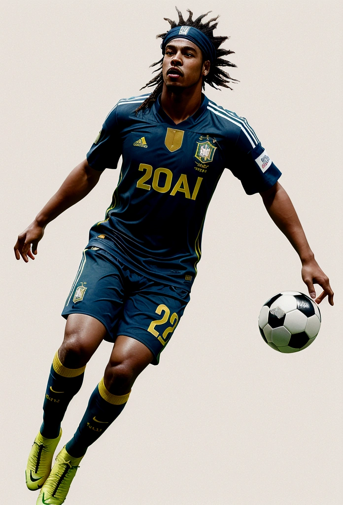 football player ronaldinho gaucho brasil in full growth, Playing football, beautiful dynamic, non-style painting by Ryan Hewett, football player, flegs, Head, full height, Wonderful figure
