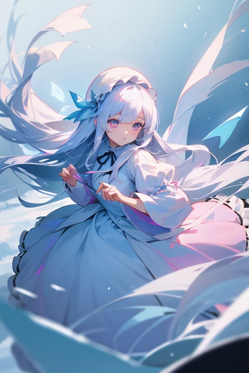 Long white hair straight。Young Girl。Droopy eyes and ephemeral appearance、Ice blue and pink odd eyes。A princess with the ability to control snow。spirit。sacred、beautiful、cute Lolita Dresses。She likes rabbits。