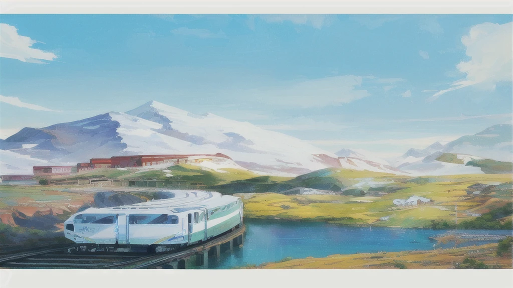 Painting of a train traveling along tracks near mountains, Illustrations, environment设计插图, environmental Concept Art, A beautiful artistic illustration, Silk Road landscape, environment, Optimistic picture, Fantasy painting,Lovely, scenery game Concept Art, Game Art Painting, Detailed scenery —width 672, Concept Art. Epic Landscapes
