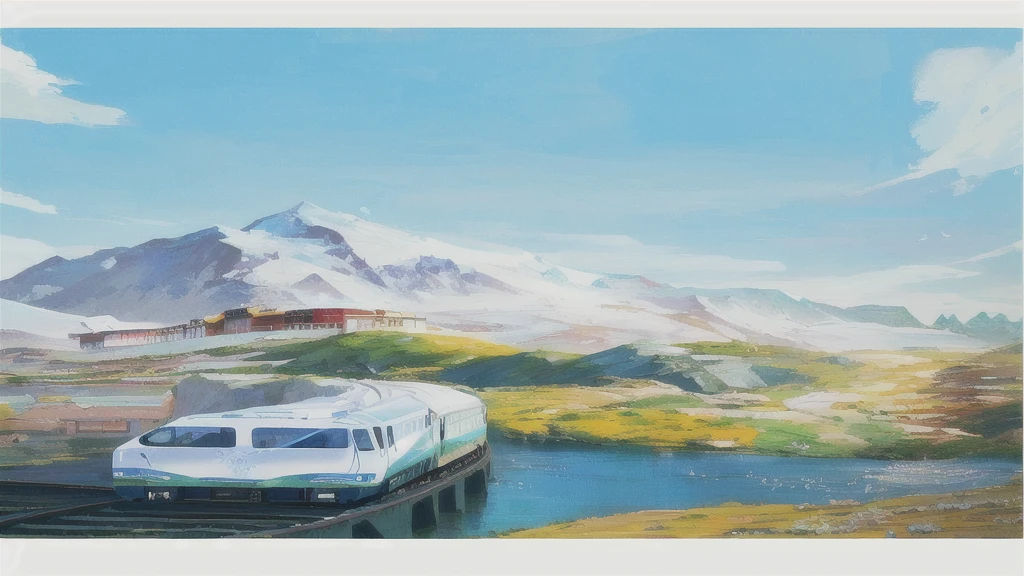 Painting of a train traveling along tracks near mountains, Illustrations, environment设计插图, environmental Concept Art, A beautiful artistic illustration, Silk Road landscape, environment, Optimistic picture, Fantasy painting，Lovely, scenery game Concept Art, Game Art Painting, Detailed scenery —width 672, Concept Art. Epic Landscapes