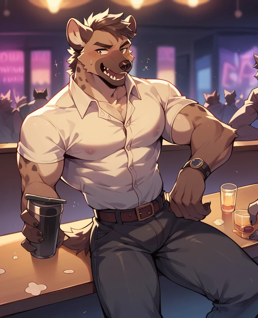 A drawing of a short and shy male anthro wolf with VERY dark black and grey fur and green eyes sitting in the back of a nightclub