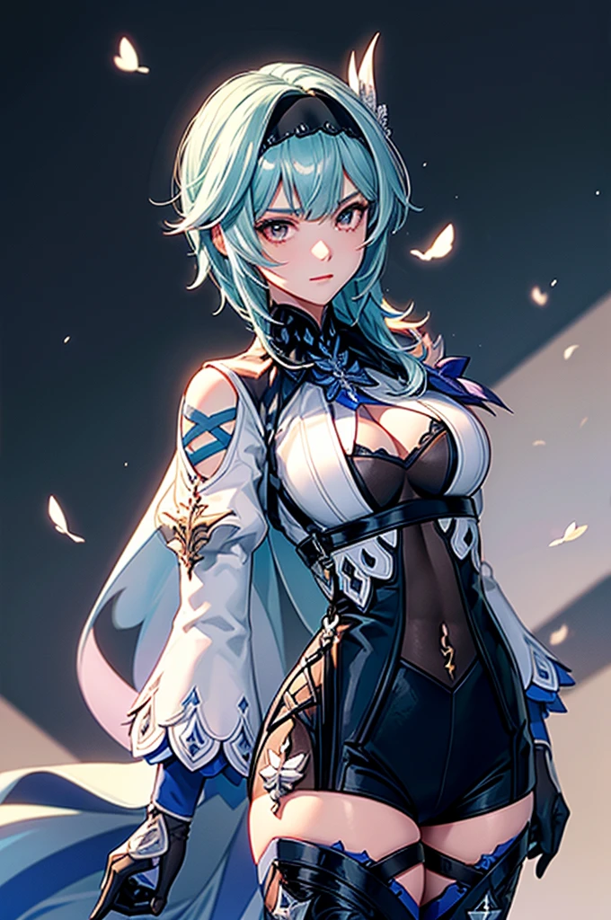 ((euladef)):1.5,((masterpiece,Highest quality,Highly detailed images,Beautiful images))1.4(Huge crystal in the background、Overall dim lighting、Backlight、A fantastic atmosphere、Thick Fog、Dust flutters)1.3,(Close-up image of eula)1.1、(Beautiful cleavage、Exposing cleavage)Mr.々A pose