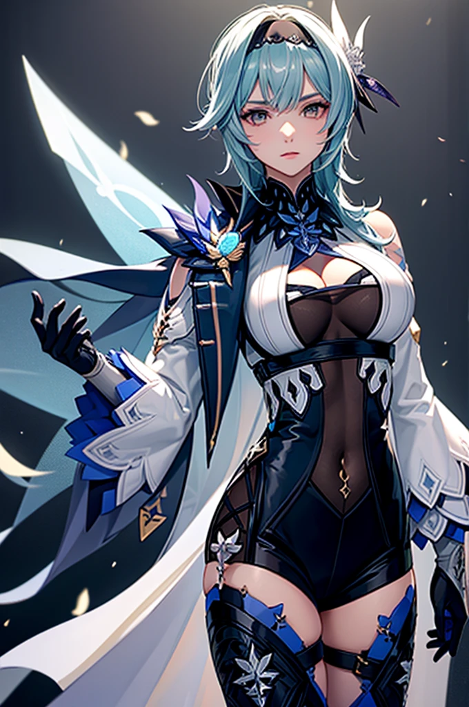 ((euladef)):1.5,((masterpiece,Highest quality,Highly detailed images,Beautiful images))1.4（Huge crystal in the background、Overall dim lighting、Backlight、A fantastic atmosphere、Thick Fog、Dust flutters)1.3,(Close-up image of eula)1.1、（Beautiful cleavage、Exposing cleavage）Mr.々A pose
