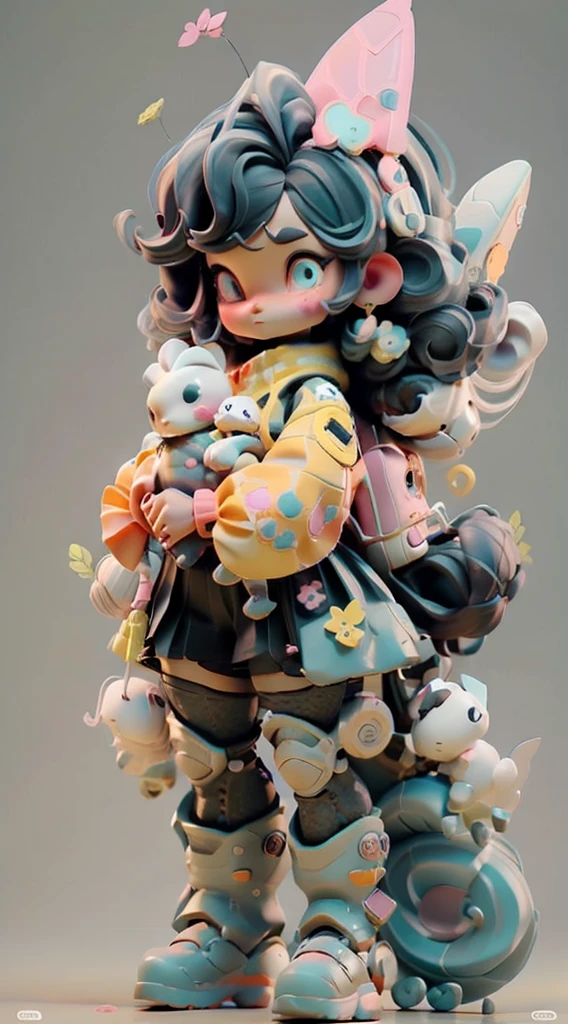 (Same character, front, side, back), (full body);Create a series of cute black afro dolls chibi style afro skin baby style with a cyberpunk theme, each with lots of detail and in an 8K resolution. All dolls should follow the same solid background pattern and be complete in the image. Must have bunny details. Robot limbs. She should have wavy and curly hair. Their eyes must be large and apathetic, with long eyelashes and slightly pinkish cheeks. She must secure robot bunnies. Mechanical boots. Be sure to add shadows, textures and details to our hair, clothes, beautiful and mechanical accessories, to make them even more adorable and charming. Use all of the colors listed: pink, white, green, yellow, and orange.