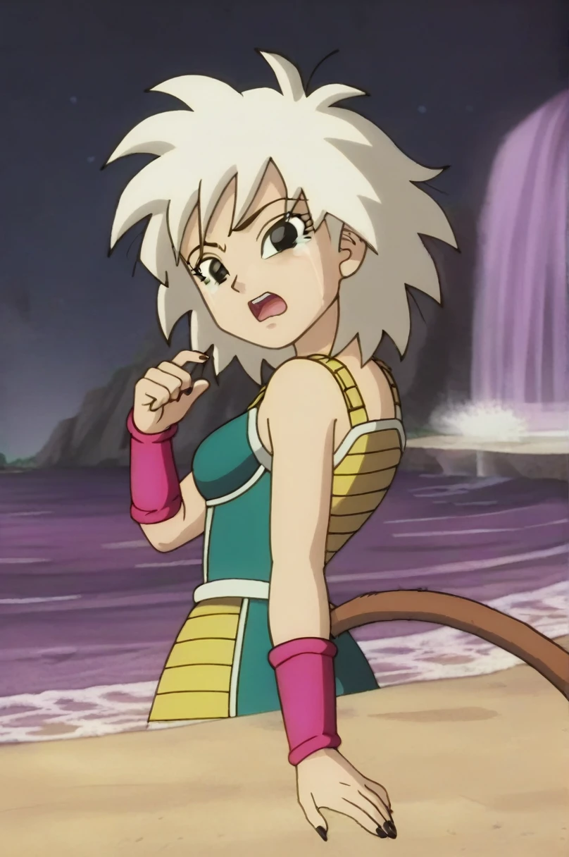 fountain_cheered up, score_9,score_8_above, score_7_above,  ginedb, cheered up screencap, 
1 girl, Alone, old, looking at the viewer, Open mouth, evening, black fur, sand, bare shoulders, medium old, clavicle, aboveper body, dientes, black eyes, tearing above, nails, eyelashes, pink wristband, d:, saiyajin armadura, green skirt, Eyebrows, green saiyajin armadura, Moonlight, sexy butt
 