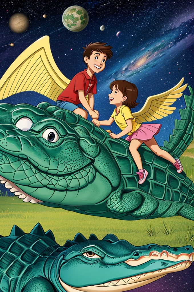 Cartoon, of a boy and a girl on an alligator with wings flying in the universe