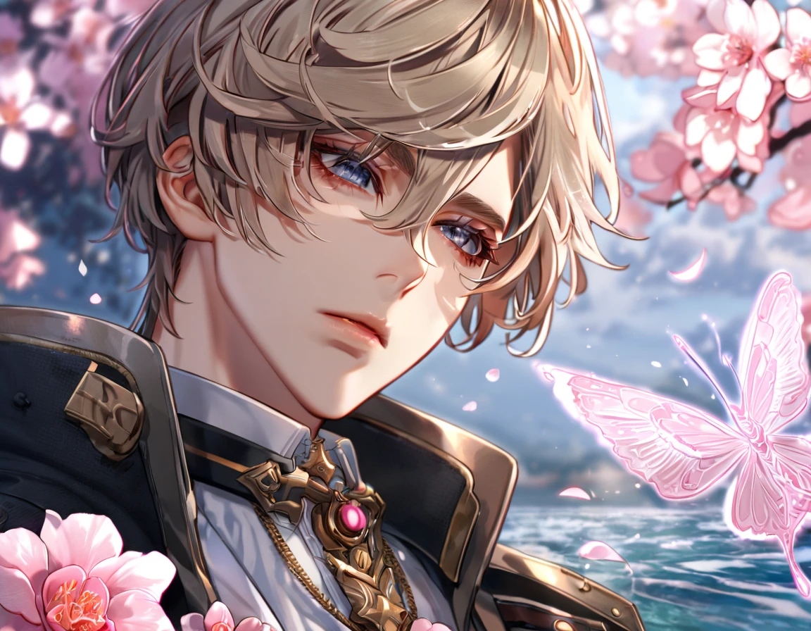 absurdres, highres, ultra detailed, HDR, master piece, best quality, extremely detailed face, delicated features, Julius Visconti, ash-blonde messy hair, short hair, hair that has bangs hanging on the left side, hair between the eyes, God Eater 2, solo, sexy man, handsome, a black collar with gold buckle, black coat, with gold accents, white shirt, water, blossoms, pink flowers, pink butterflies, fantasy, magic, radiant