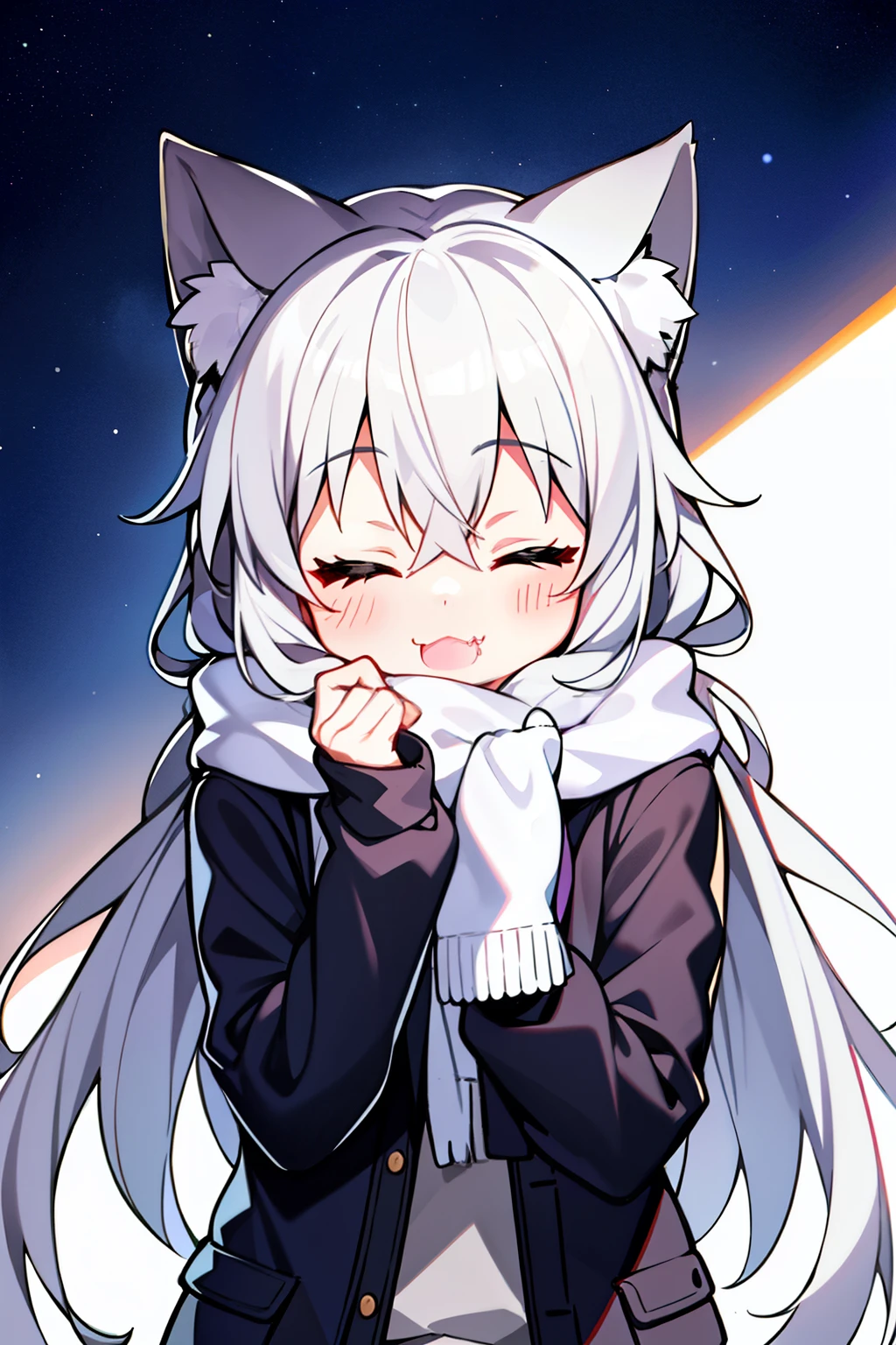 Masterpiece, Excellent, 1girl, gray hair, medium long hair, cat ears, closed eyes, looking at the audience, :3, cute, scarf, jacket, white background, fang, high quality, UHD
