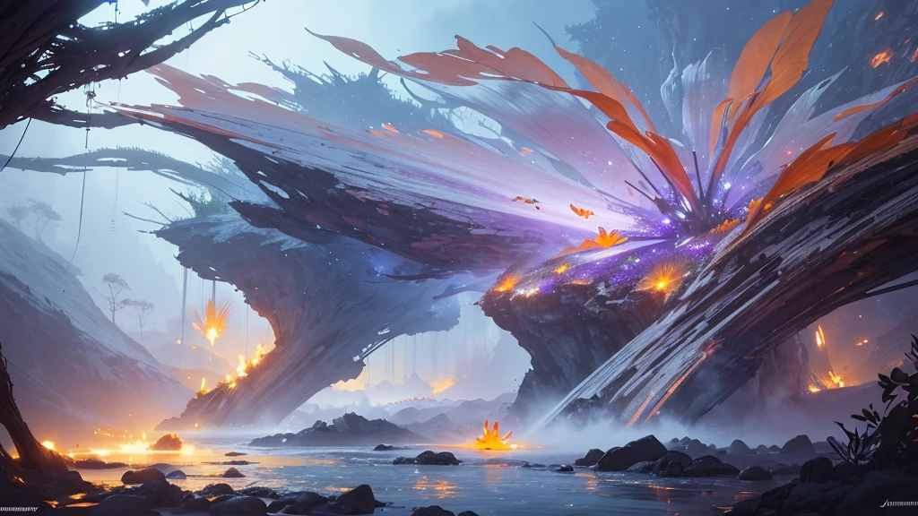 32k, Masterpiece, Highest quality, One girl, Detailed eyes, flower,Alstroemeria, White and orange style,A dreamy, romantic piece,Pale purple, Mysterious Leaves,A playful arrangement,Fantasy,High Contrast,Ink strokes,explosion,Exposure, Impression of white and orange tones,Abstract,((Watercolours by John Berkey and Jeremy Mann )) Brush strokes,Negative Space, Tyndall effect,
